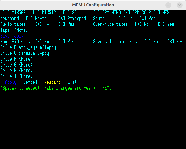 CP/M Colour Selected, Keyboard: Remapped, Sound: Yes, Files for floppy drives B and C selected